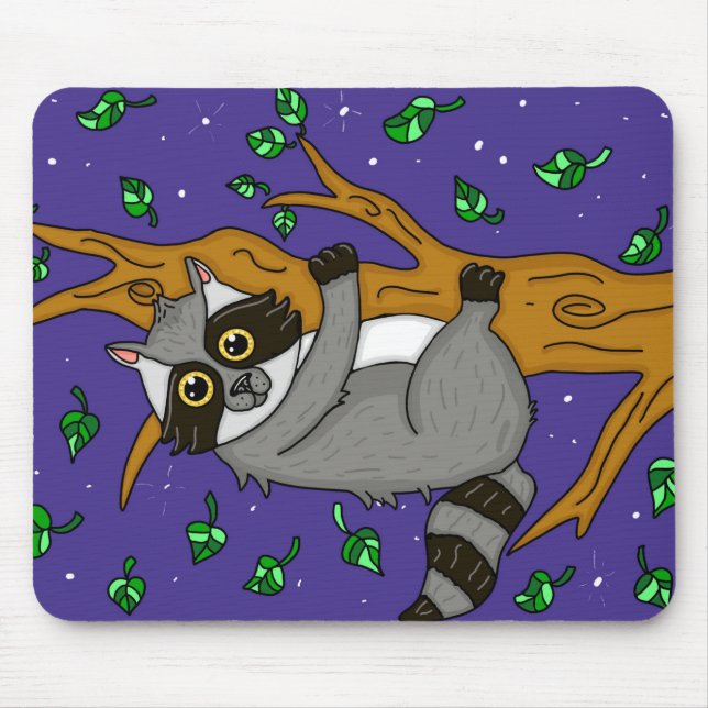 Nighttime Raccoon Hanging from Tree Branch Mouse Pad (Front)