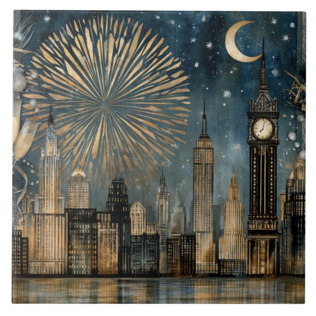 Nighttime Skyline Fireworks Celebration Ceramic Tile (Front)
