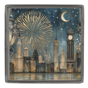Nighttime Skyline Fireworks Celebration Gunmetal Finish Lapel Pin