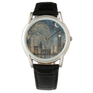 Nighttime Skyline Fireworks Celebration Watch