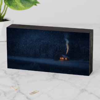 Nighttime Winter Lakeside Cabin Wooden Box Sign