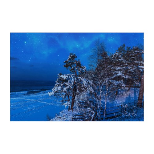 Nighttime winter scene with snow covered pines acrylic print