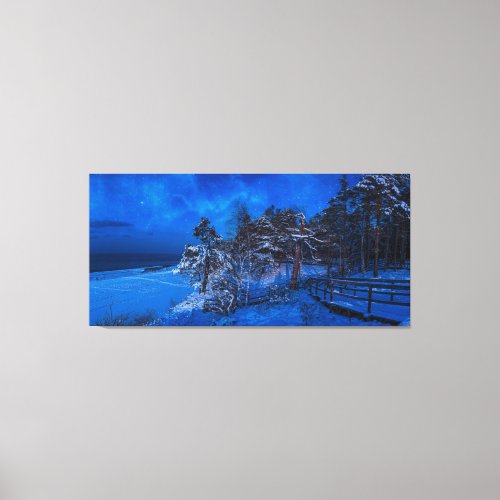 Nighttime winter scene with snow covered pines canvas print