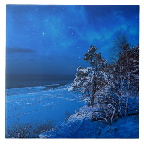 Nighttime winter scene with snow covered pines ceramic tile