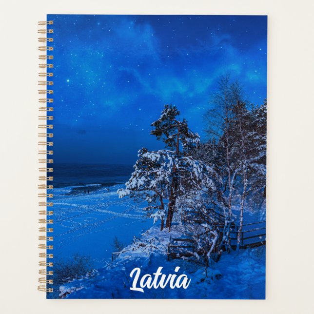 Nighttime winter scene with snow covered pines planner (Front)