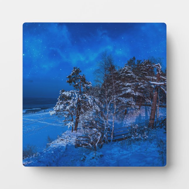 Nighttime winter scene with snow covered pines plaque (Front)