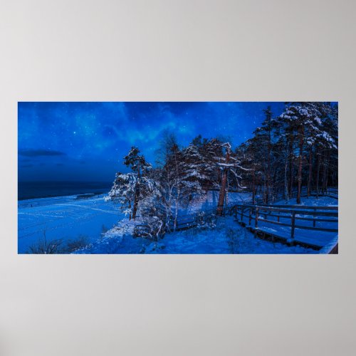 Nighttime winter scene with snow covered pines poster