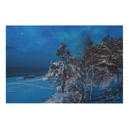 Nighttime winter scene with snow covered pines wood wall art
