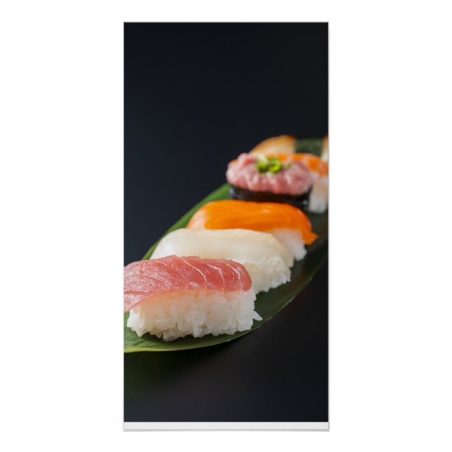 Nigiri sushi on a leaf – minimalist sushi art poster (Front)