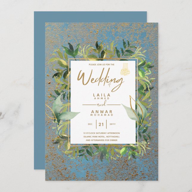 NIKAH - Blue Gold Islamic Wedding Invitations (Front/Back)