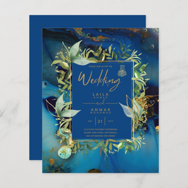 NIKAH - Blue Gold Islamic Wedding Invitations (Front/Back)