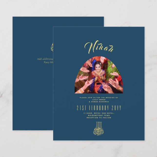 NIKAH Blue Gold PHOTO Wedding Invitation (Front/Back)