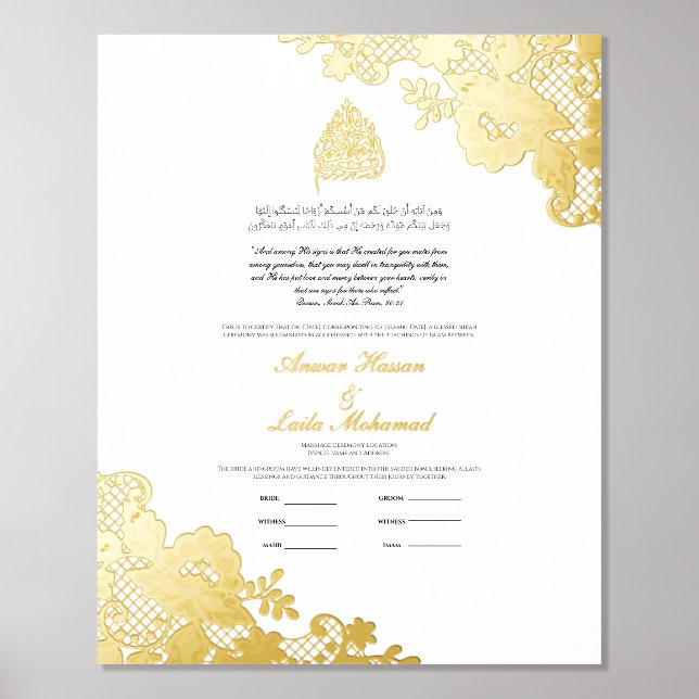 Nikah Certificate Nikkah Nama Islamic Wedding Foil Prints (Front)
