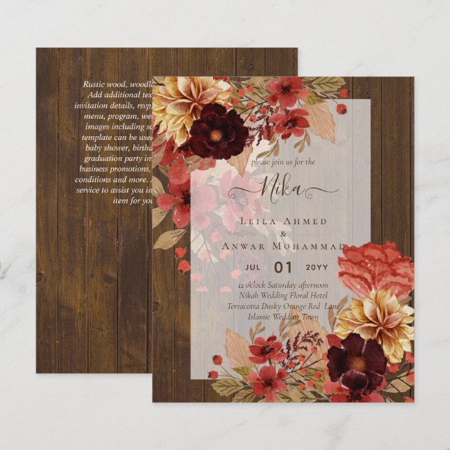 NIKAH - Floral BUDGET  Islamic Wedding Invitation (Front/Back)