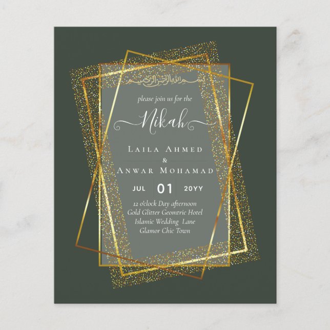 NIKAH Gold Frame Bismillah Islamic Wedding Invites Flyer (Front)