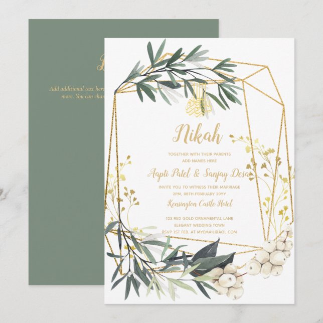 Nikah - Gold Greenery Islamic Motif Wedding Invite (Front/Back)