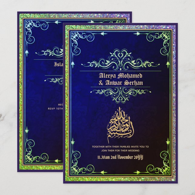 NIKAH - islamic Wedding Calligraphy Blue Gold Invitation (Front/Back)