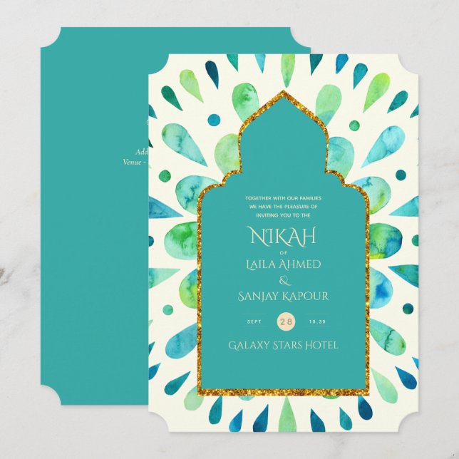 NIKAH - Modern Mandala Turquoise Gold Wedding Invitation (Front/Back)
