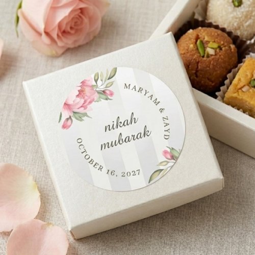Nikah Mubarak Wedding Favor | Blush Peony Stripe Classic Round Sticker