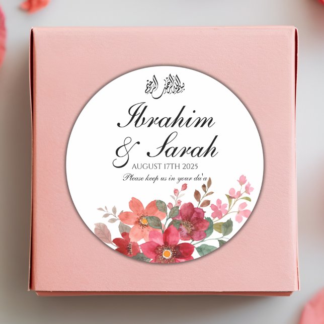 Nikah Muslim Wedding Favor Red Floral Classic Round Sticker (Creator Uploaded)