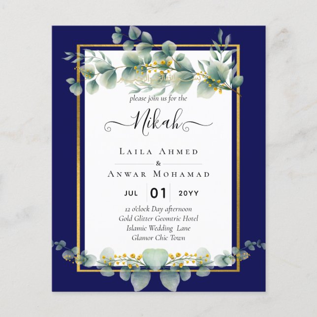 NIKAH NAVY BLUE GOLD Greenery Eucalyptus Wedding Flyer (Front)