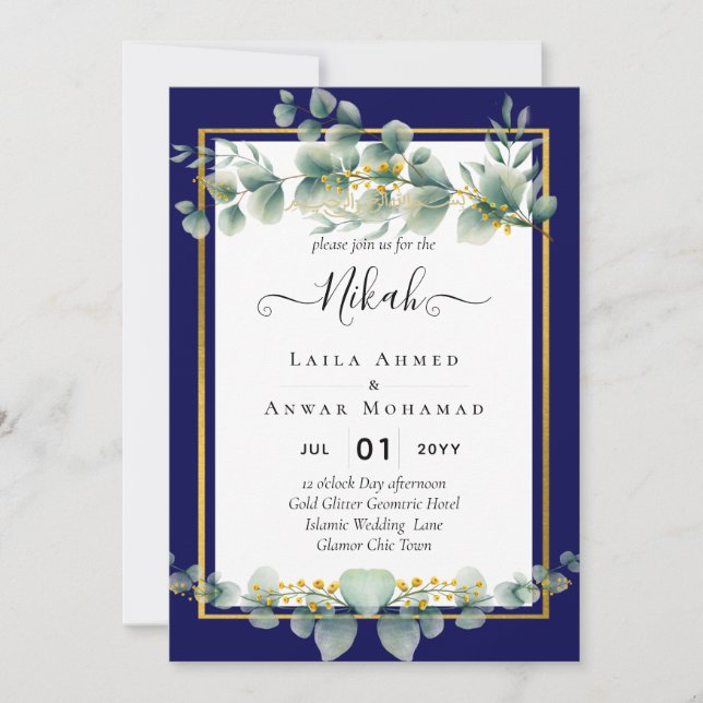 NIKAH NAVY BLUE GOLD Greenery Eucalyptus Wedding Invitation (Front)
