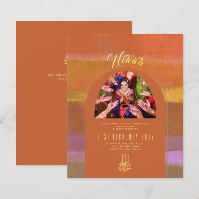 NIKAH Orange Gold PHOTO Wedding Invitation (Front/Back)
