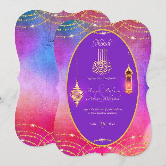 NIKAH - Ornate Islamic Purple Gold Wedding Invite (Front/Back)