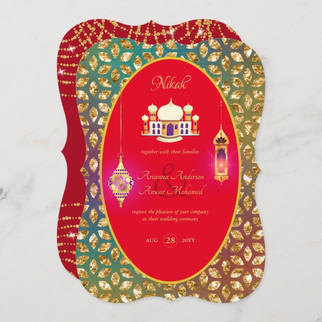 NIKAH - Ornate Mosque Red Gold Wedding Invitation (Front/Back)
