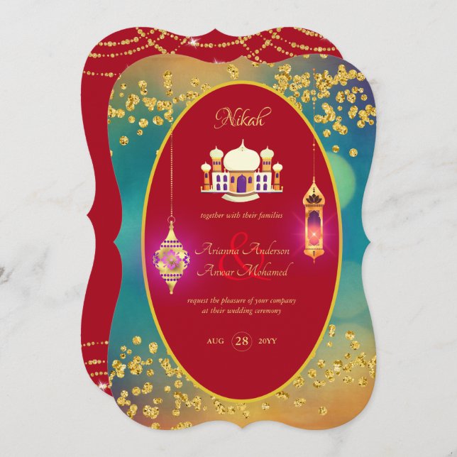 NIKAH - Ornate Mosque Red Gold Wedding Invitation (Front/Back)