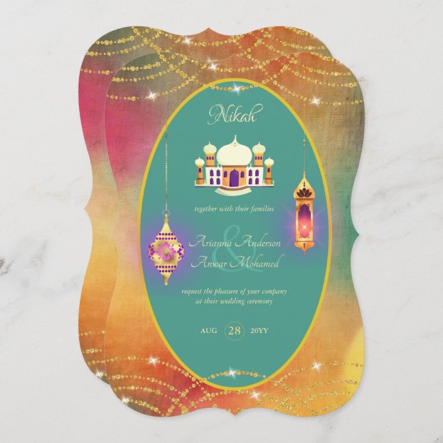NIKAH - Ornate Mosque Teal Gold Wedding Invitation (Front/Back)