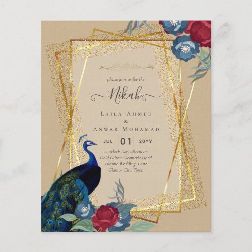 NIKAH Peacock Floral Gold Frame Islamic Wedding Flyer