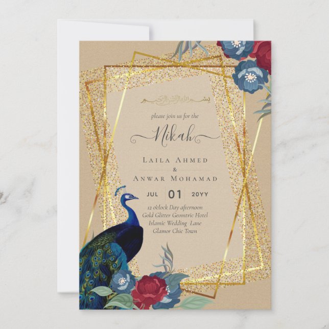 NIKAH Peacock Floral Gold Frame Islamic Wedding Invitation (Front)