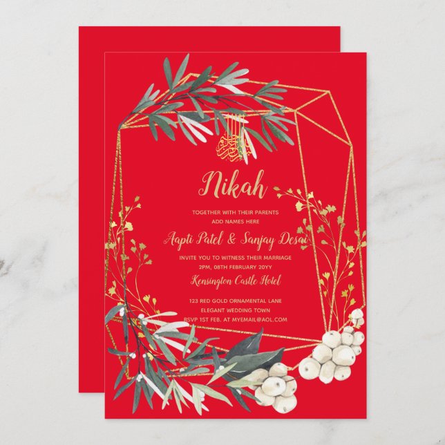 Nikah Red Gold Greenery Islamic Wedding Invite (Front/Back)