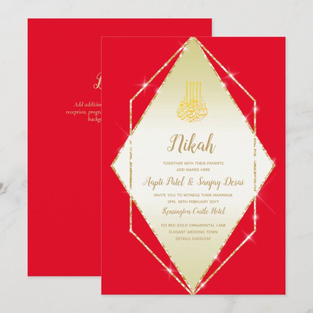 Nikah Red Gold Islamic Motif Wedding Invite (Front/Back)