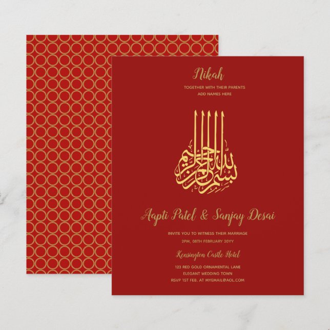 Nikah - Red Gold Islamic Motif Wedding Invites (Front/Back)