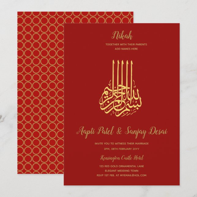 Nikah - Red Gold Islamic Motif Wedding Invites (Front/Back)