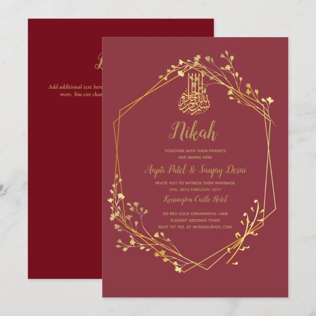 Nikah - Red Gold Islamic Motif Wedding Invites (Front/Back)