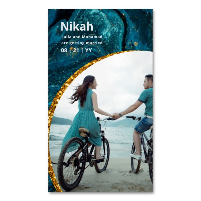 NIKAH - Wedding Budget Agate Gold Teal PHOTO Business Card Magnet (Front Vertical)