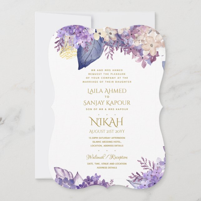 NIKAH Wedding Invite - Walimah Purple Floral Gold (Front)