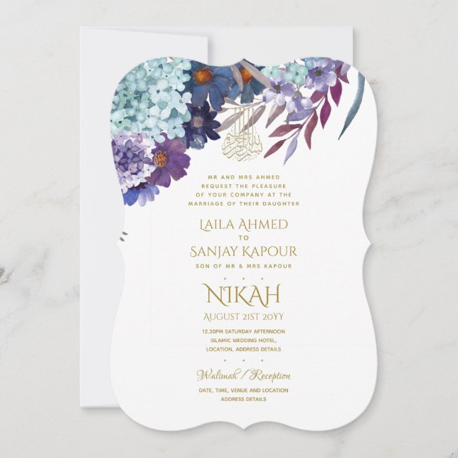 NIKAH Wedding Invite - Walimah Purple Floral Gold (Front)