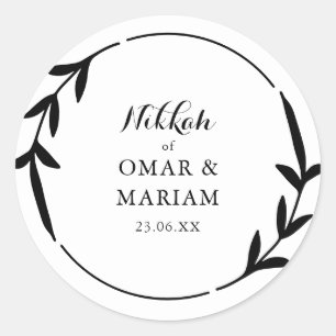 Nikkah Elegant Black & White Leaf Wreathe Border Classic Round Sticker