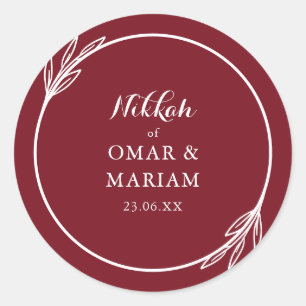 Nikkah Elegant Burgundy Botanical Quote Classic Round Sticker
