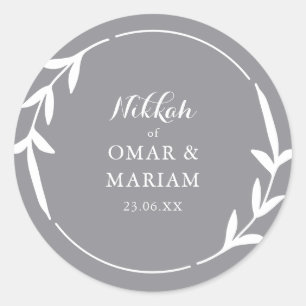 Nikkah Elegant Smoke Leaf Wreathe Border Classic Round Sticker