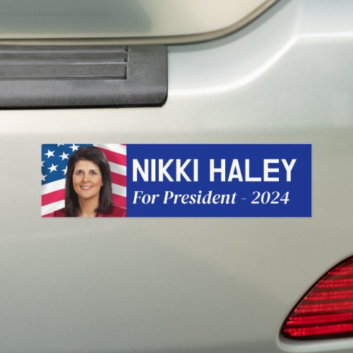 Nikki Haley _ Campaign Photo with American Flag Bumper Sticker