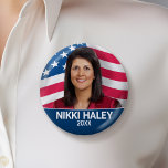Nikki Haley - Campaign Photo with American Flag Button<br><div class="desc">A classic design featuring a picture of Nikki Haley over a waving USA flag. The year can be changed to a tag line or position. A classic campaign design for a presidential election.</div>