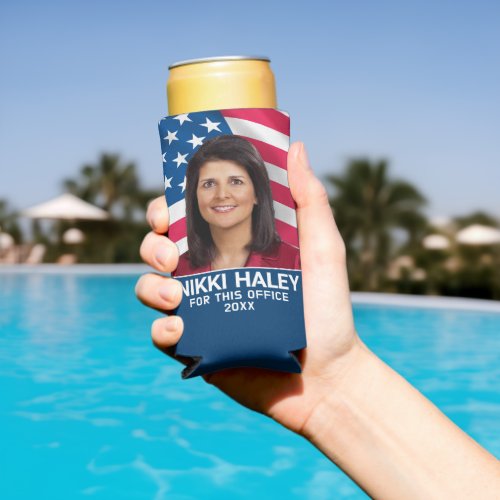 Nikki Haley _ Campaign Photo with American Flag Seltzer Can Cooler