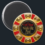 Nikki & Paul Las Vegas Gold Casino Chip Favor Magnet<br><div class="desc">If you're Doing It In Vegas or having a Las Vegas themed wedding or reception, these red, black & gold casino chip magnets make the perfect wedding favors. This is a custom order but if you would like one of these or something similar for yourself, just contact me at cheryl@cheryldanielsart.com....</div>