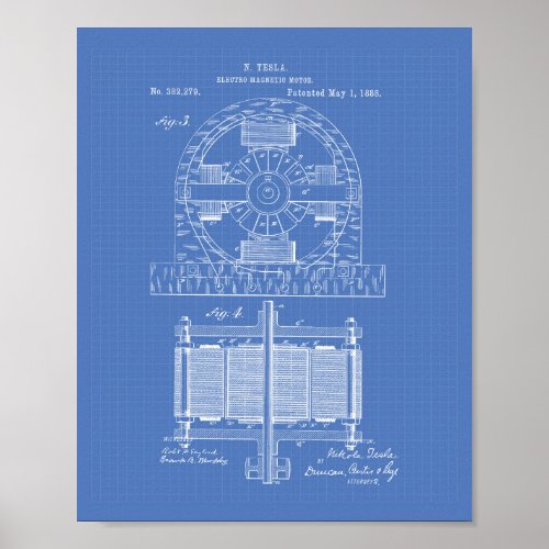 Nikola Tesla 1888 Patent Art _ Blueprint Poster