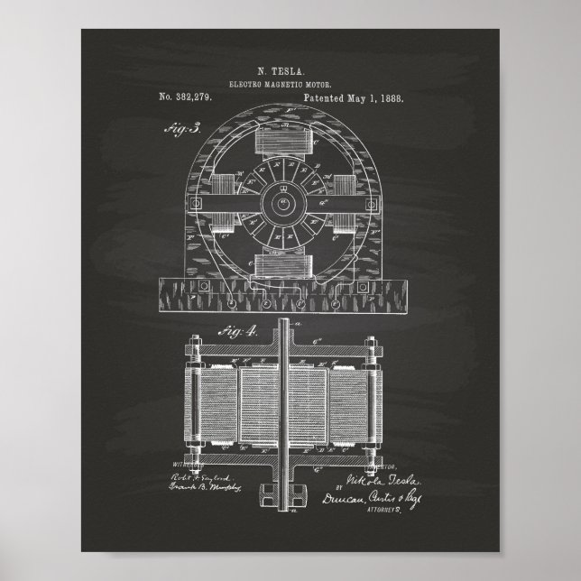 Nikola Tesla 1888 Patent Art - Chalkboard Poster (Front)